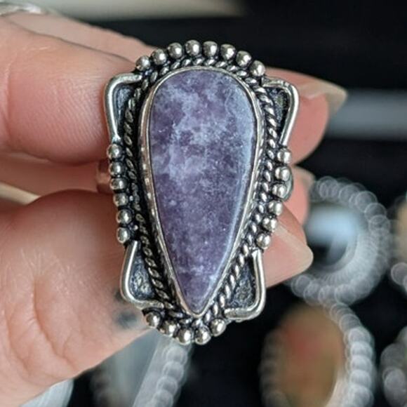 Purple Teardrop Sterling Silver Ring Retro Vintage Boho Natural Stone Size 7.25 - Picture 1 of 7